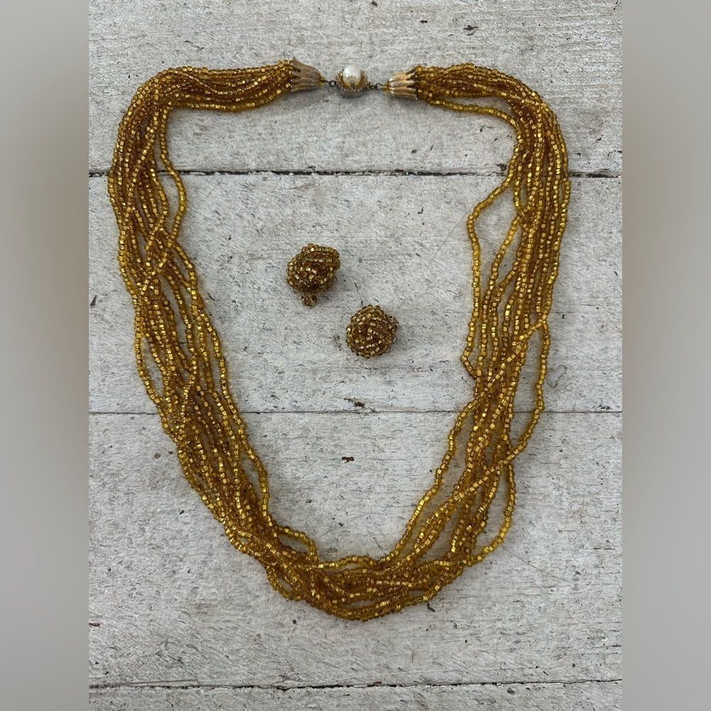 Vintage 1950s Glass Multi-strand Necklace And Earrings